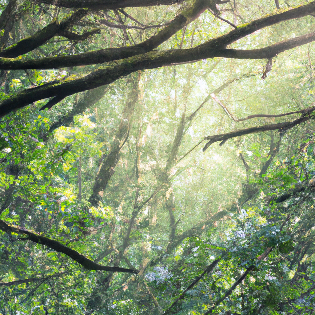 Soft morning light through a Canadian forest with green leaves and gentle fog