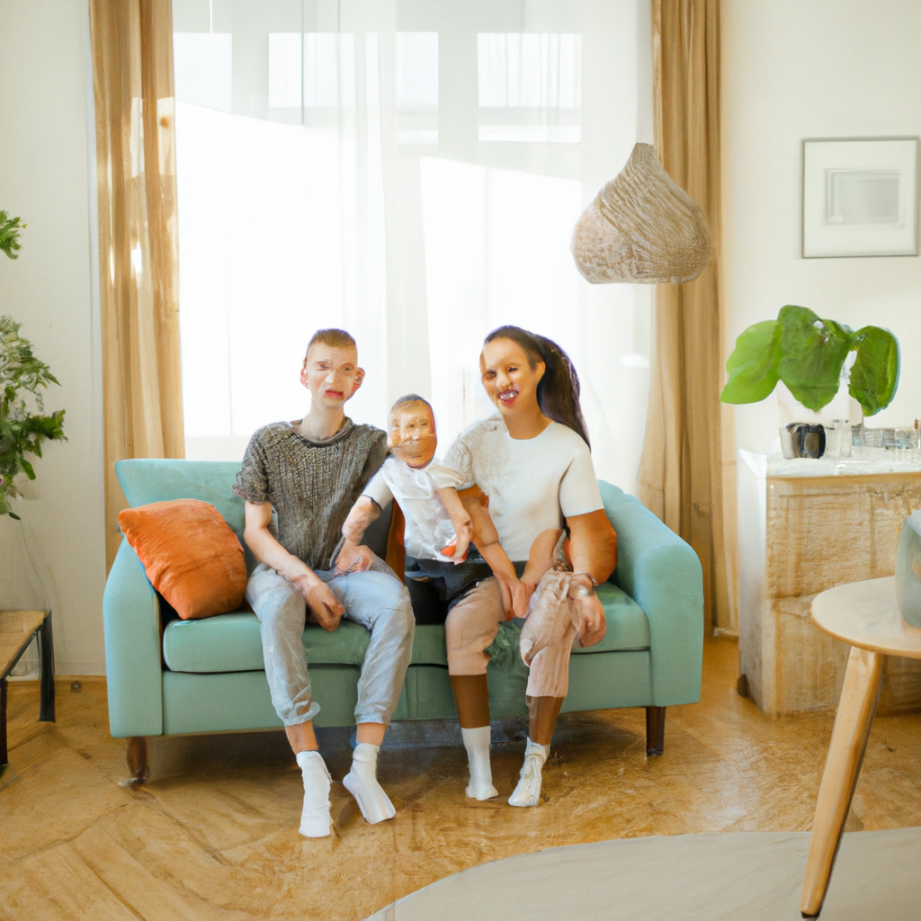 Happy family in a clean living room filled with natural light and plants