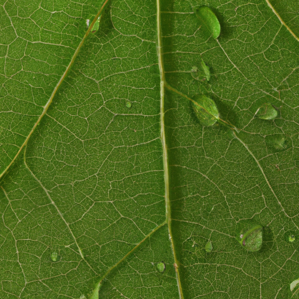 Ultra-detailed macro of a green Canadian maple leaf with visible veins and dew drops