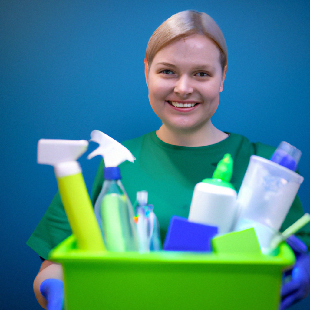 Friendly team member with eco cleaning supplies